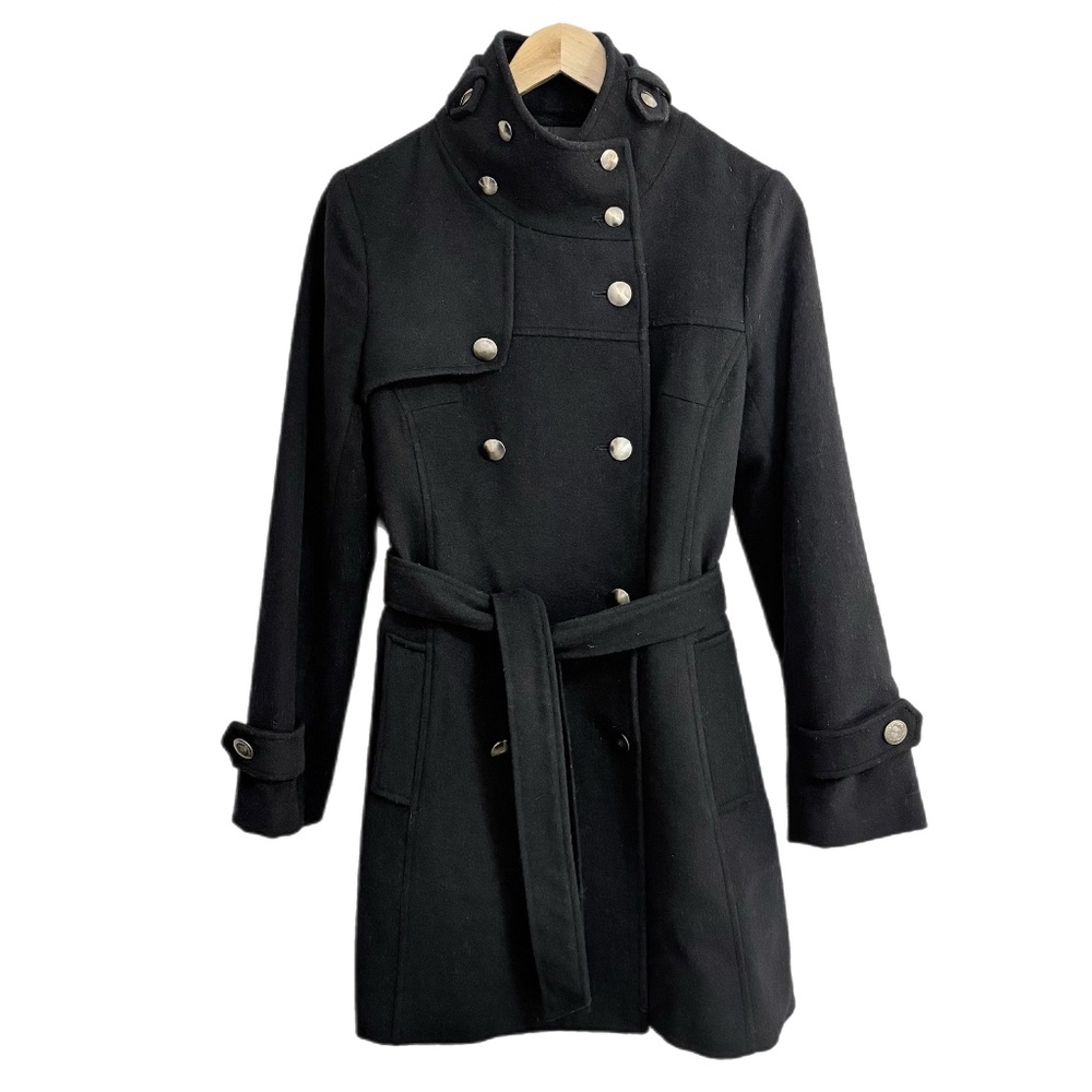 Military-Style Black Wool Blend Coat - Size Small
